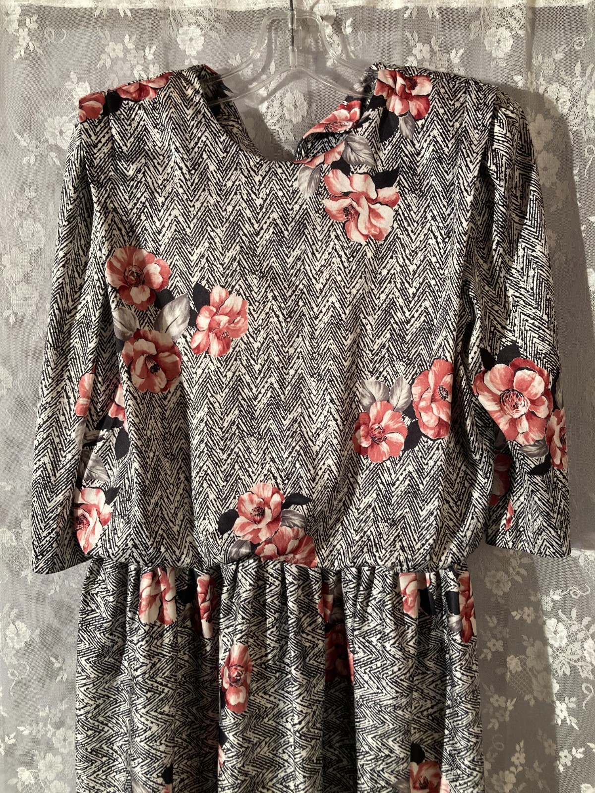 Vintage 80s Floral Dress Size XL 1980s Retro Black Pink Secretary New Wave Twee