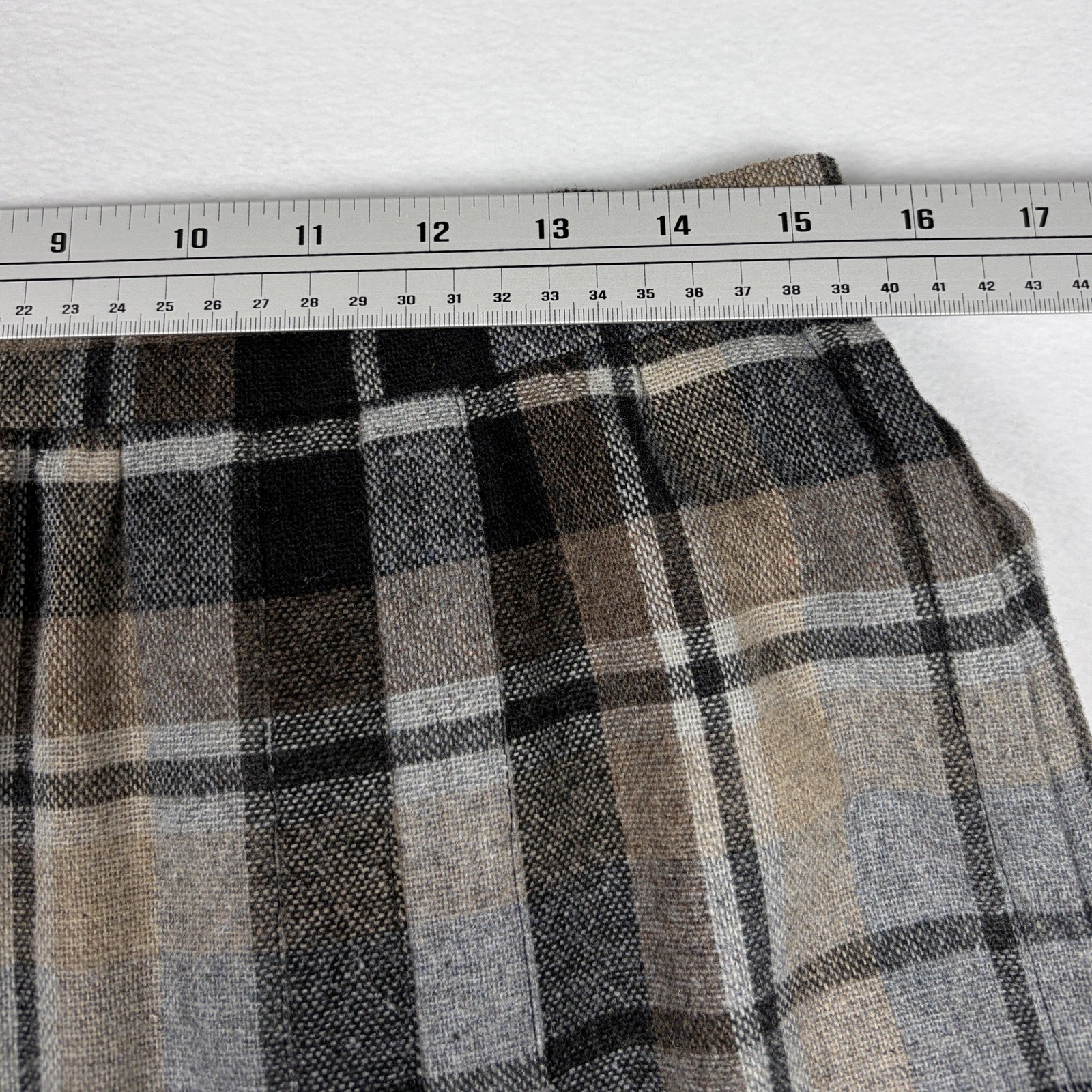 Vintage Plaid Midi Skirt Brown Grey Black High Waist Pleated Wool Blend