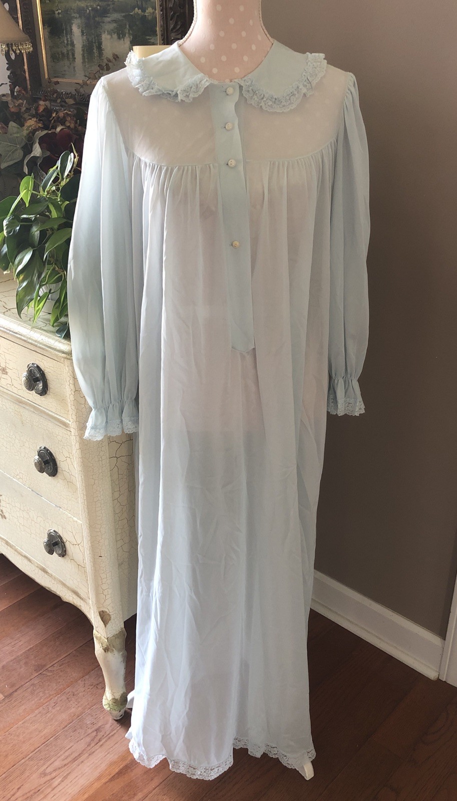 Vtg Nightgown Nylon Sheer Lace Long Sleeve Blue Cottagecore Granny Women’s Large