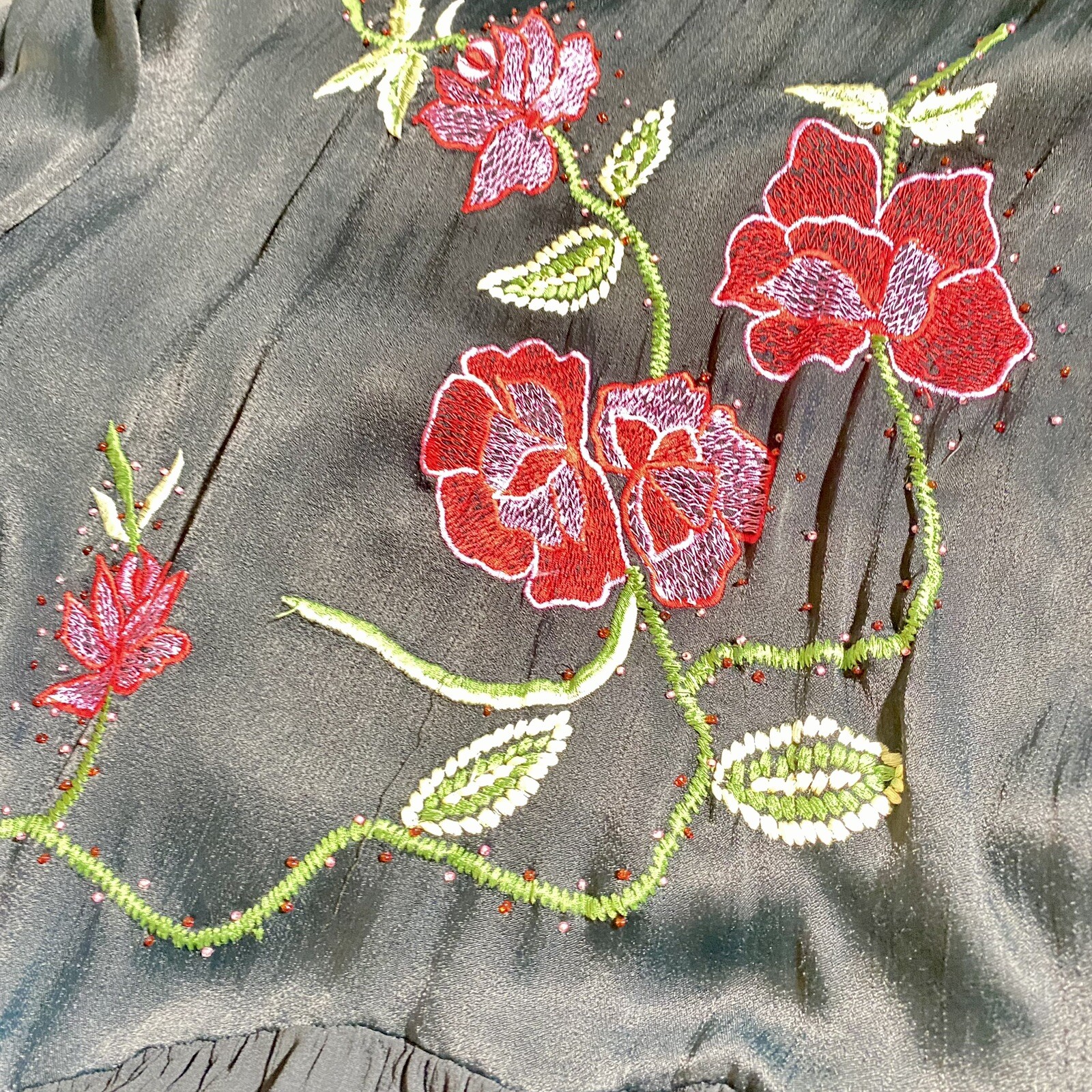 Vtg 90’s Papillon Embroidered Satin Asymmetrical Hemline Midi Med