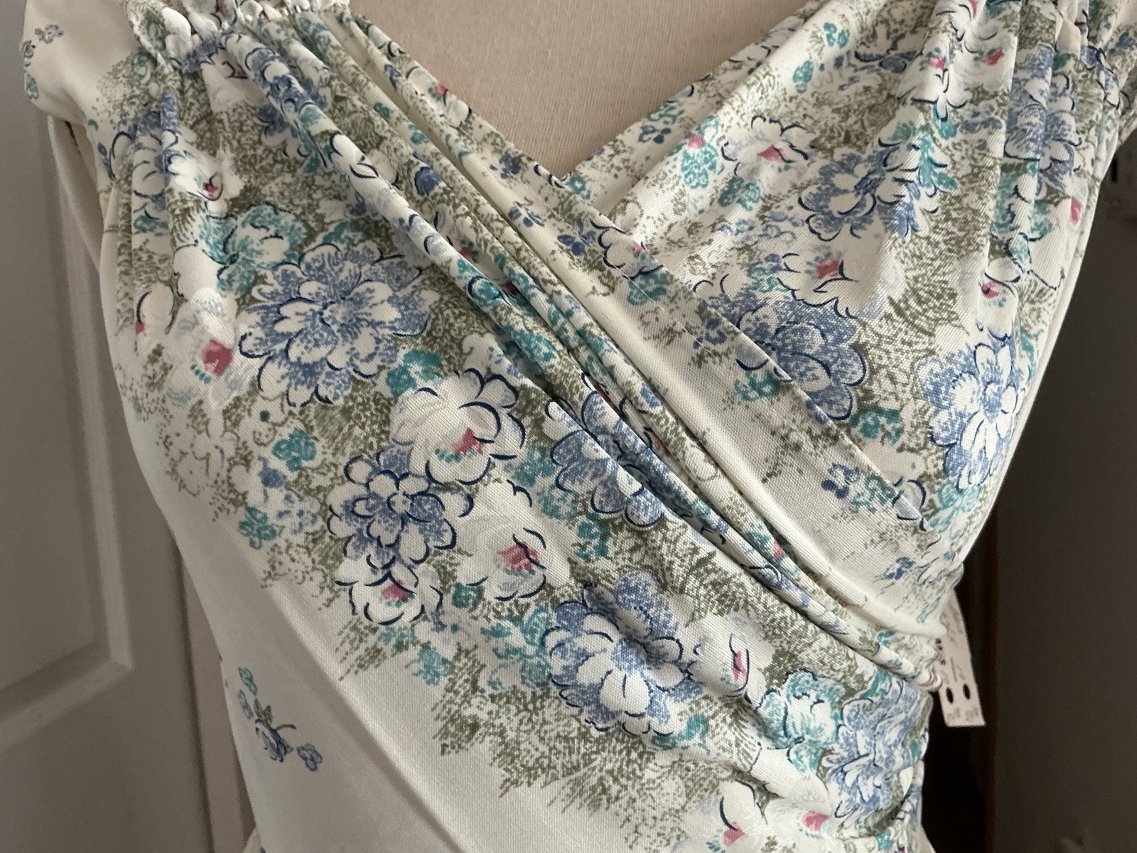 Vintage 1970s Ivory/Blue Floral Maxi Dress Sz 9/10 Goddess Bridesmaid NWT