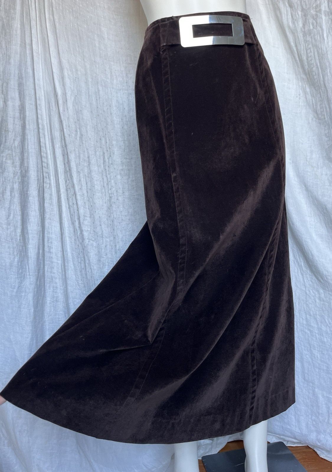 Vintage 1970s Maxi Skirt Brown Velveteen Metal Buckle Boho Hippie Grunge 70s XS