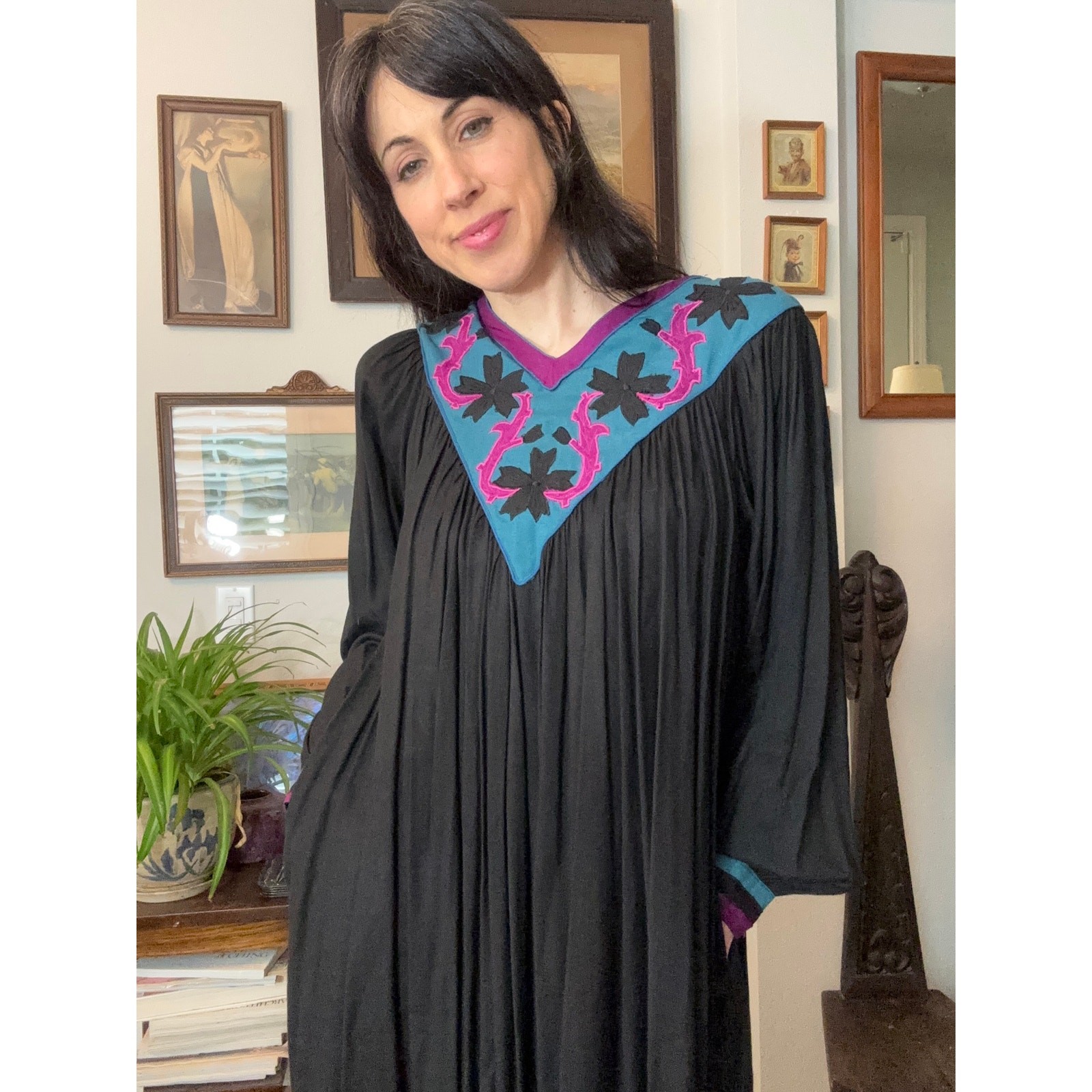 70s 80s vintage Kaftan dress black embroider neckline Papillon purple turquoise