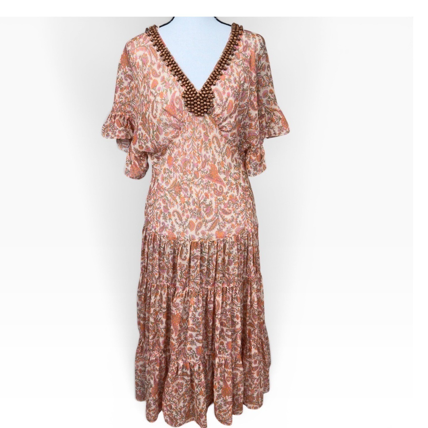 Vintage Sheer Silk Paisley Midi Dress Orange Pink Beaded V-Neck Tiered Ruffle