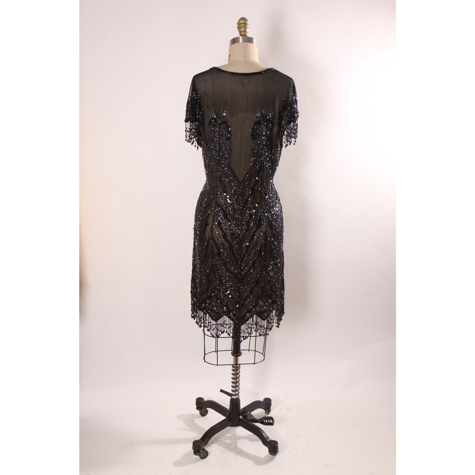 1980s 1990s Black Sequin Beaded Fringe Flapper Style Dress by Peak Evenings
