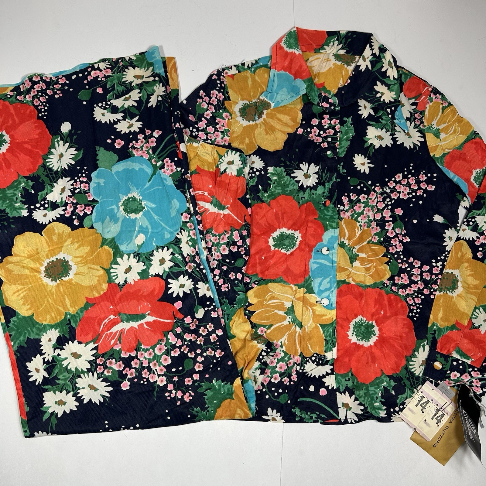 NWT Vtg 60s PARADE NY 2pc Set Multi Floral Button Up Top & Wide Leg Pants Sz 14