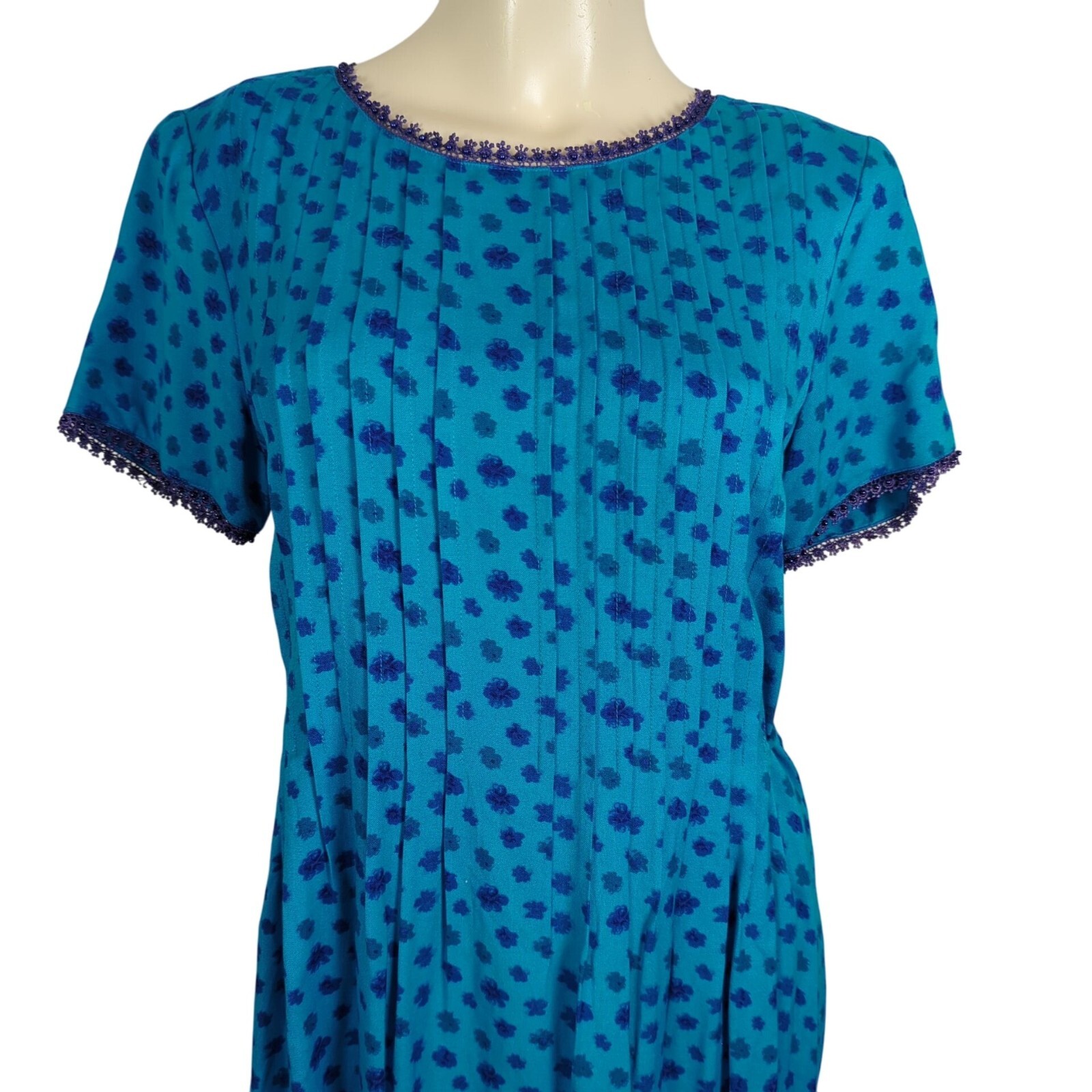 Vintage Sarah Elizabeth Floral Midi double tied modest blue Dress Waist Tie 8