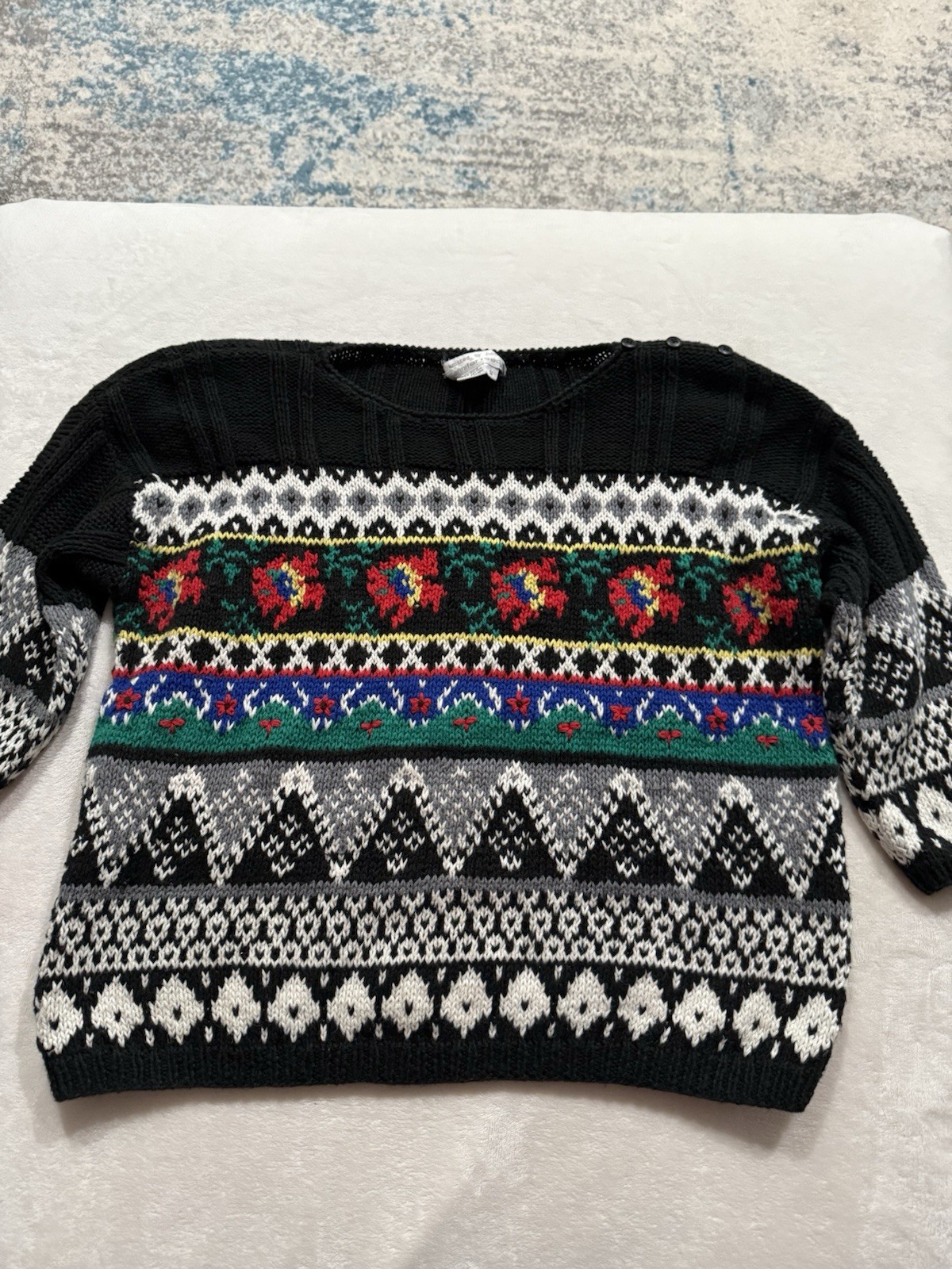 Vintage Jennifer Reed 80s Hand Knit Black Christmas Holiday Sweater Sz Small XM
