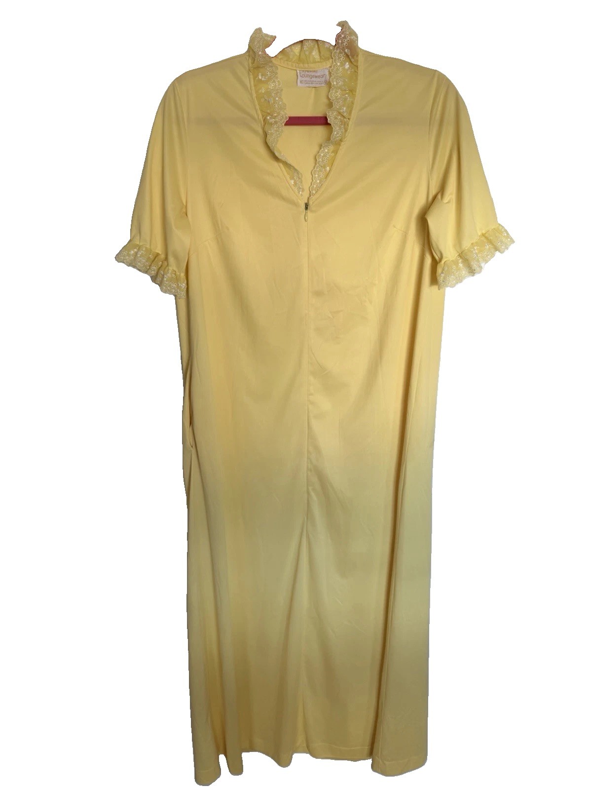 Vintage Nylon Loungewear Robe Eyelit Lace Trim Zipper Front Side Pocket
