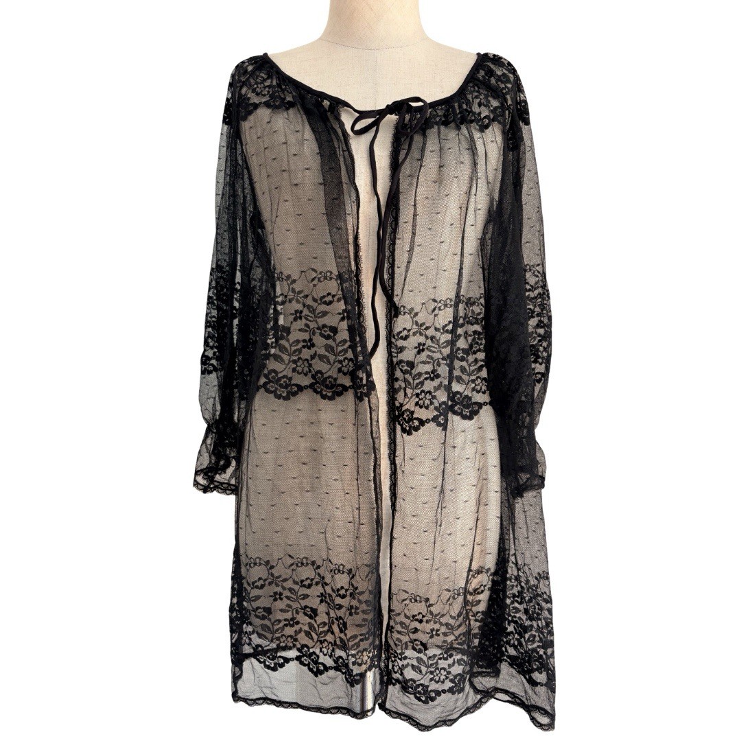 VTG 50s 60s Black Unbranded Peignoir Robe SML Sheer Nylon Lace Chiffon Front Tie