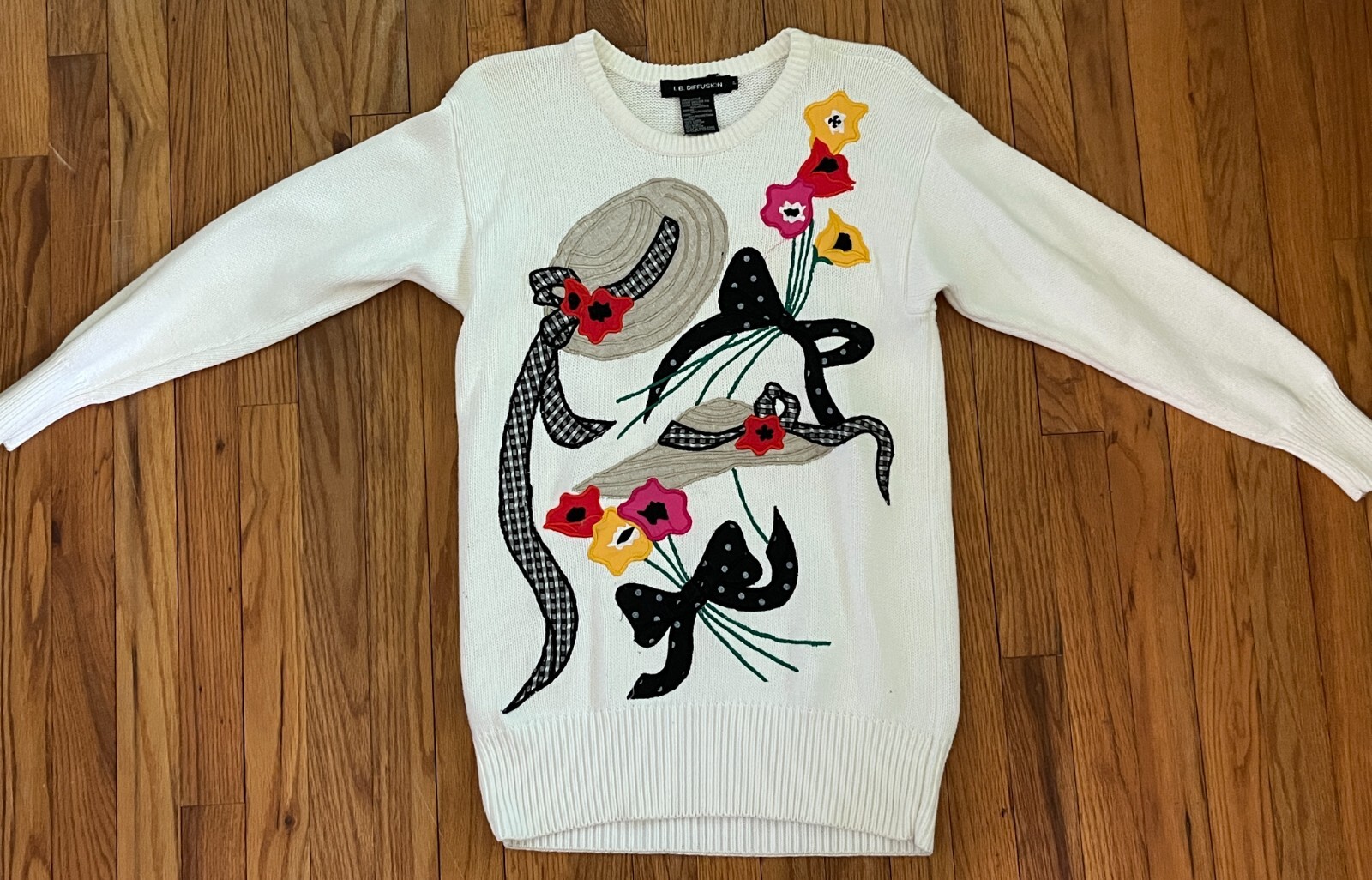 Vintage 1990s I B Diffusion Flower & Bonnet Long Cotton Retro Sweater Women S