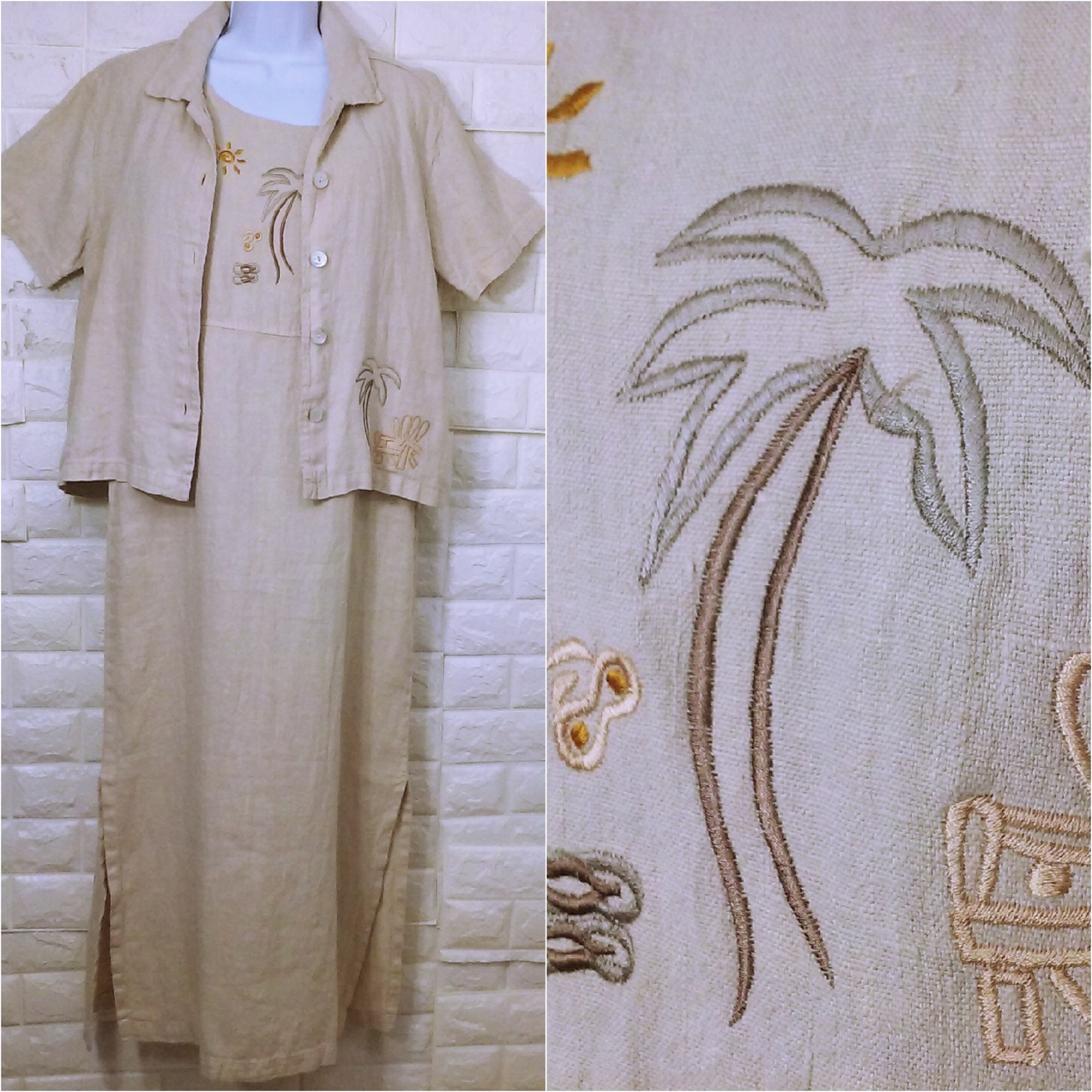 Vintage 80s RitZRag 2-pc Set Linen Maxi Dress Shacket -S Embroidered Palm Beach