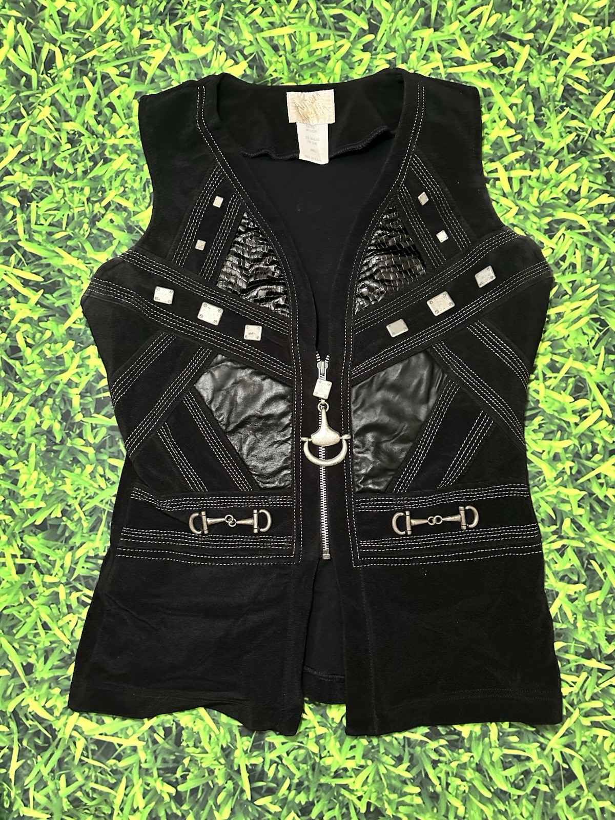 Vintage Y2K Andrea Isabella Snaffle-Bit Corset Vest S Black Zip Ring Pull USA
