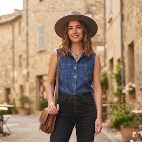 Bill Blass Jeans Womens Vintage Denim Sleeveless Western Shirt Blue Medium M