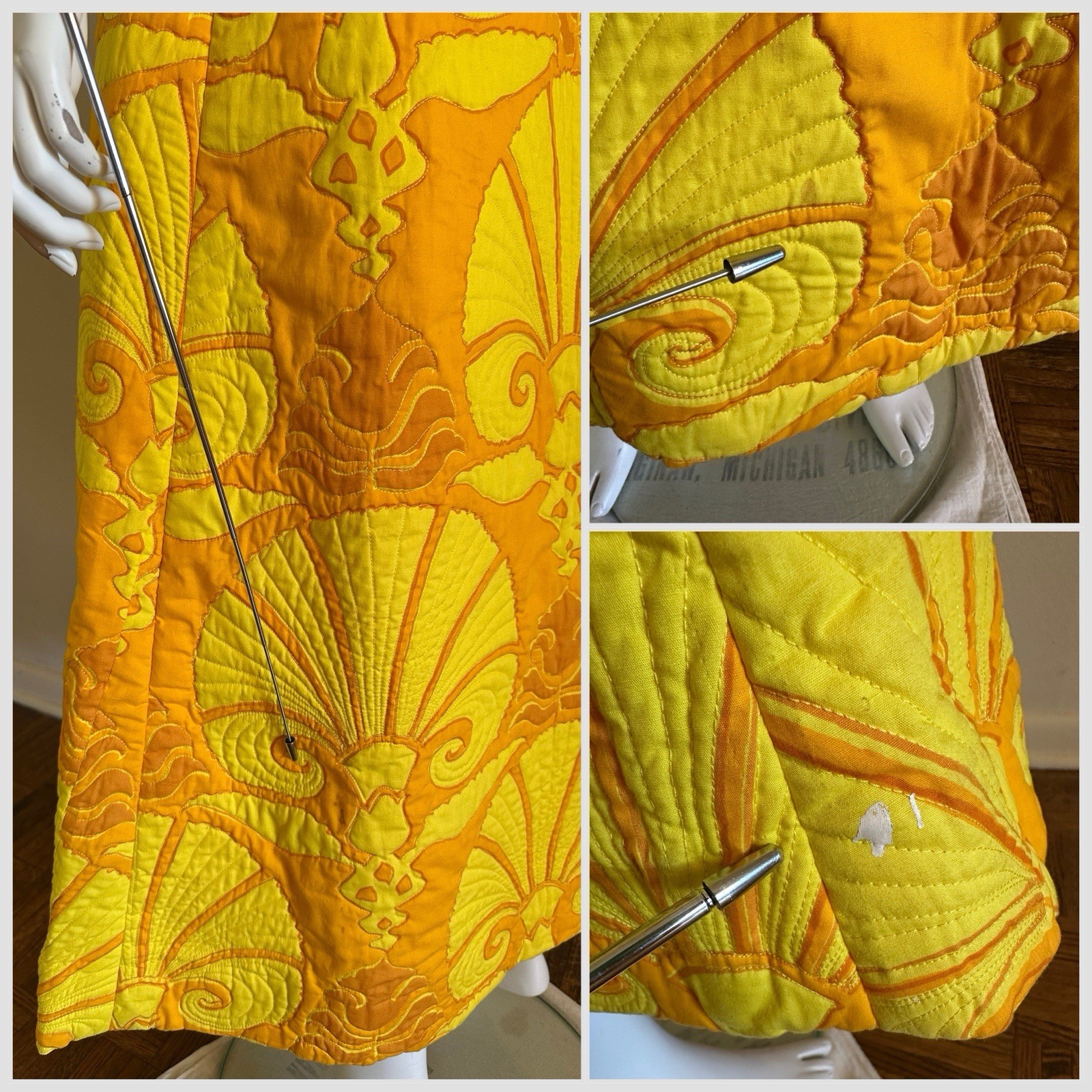 1960s Van Dee Bangkok Quilted Maxi Dress Psychedelic Bell Sleeve Resort Hostess