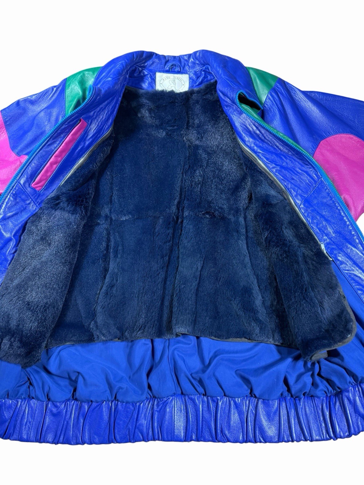 Vintage 80s Pano Sereti Color Block Leather Bomber Jacket Blue Green Pink Large