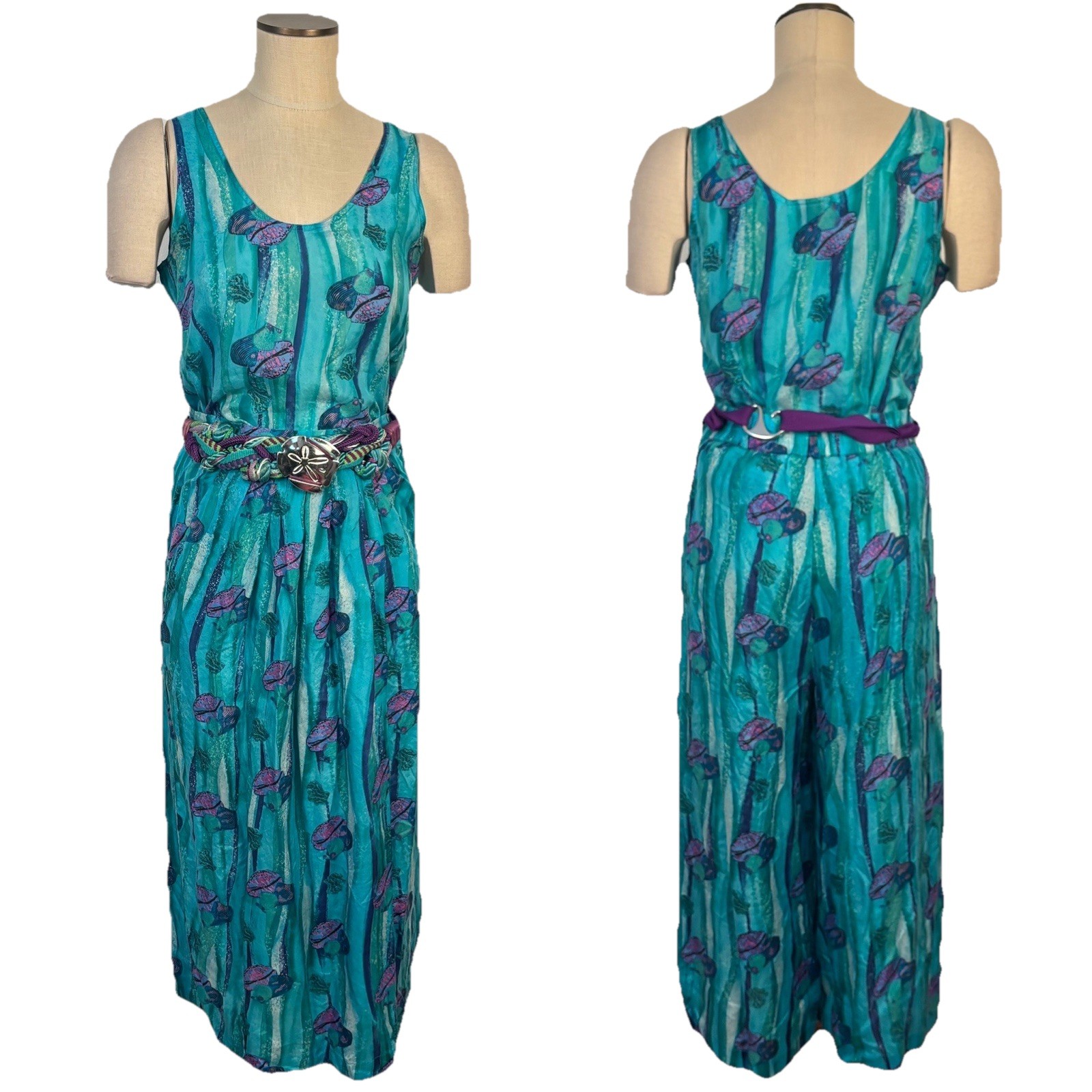 VTG 90s Restless Clothiers Silk 2-Piece Coastal Shell Print Palazoo Pants Tank S