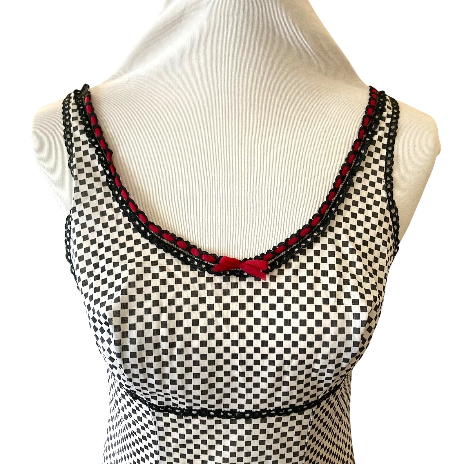 Black /White Check, Red Ribbon 60s/70s Slip Top ADORABLE!