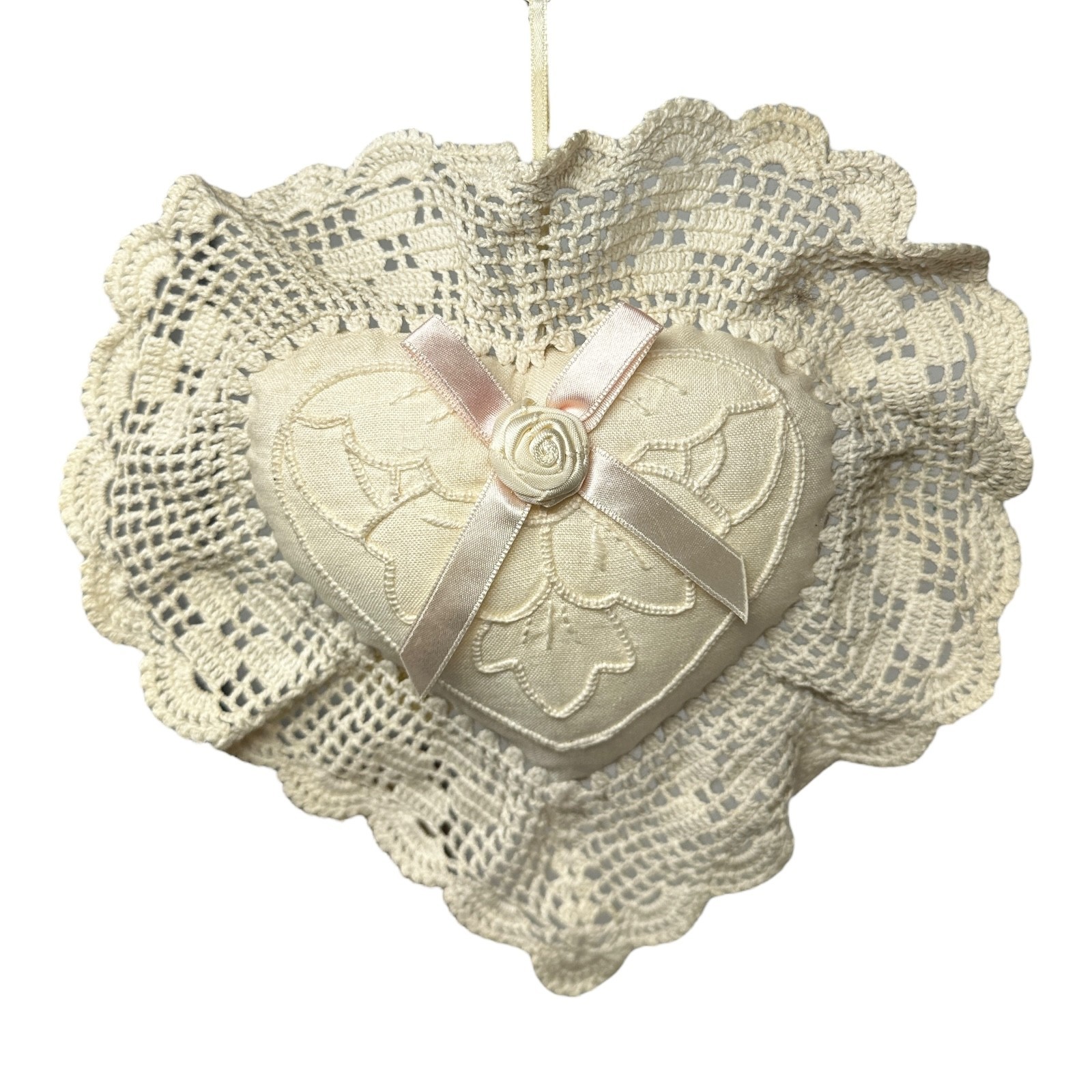 Vintage Victoria’s Secret Crochet Lace Heart Sachet Pillow Ornament 7.5″ RARE