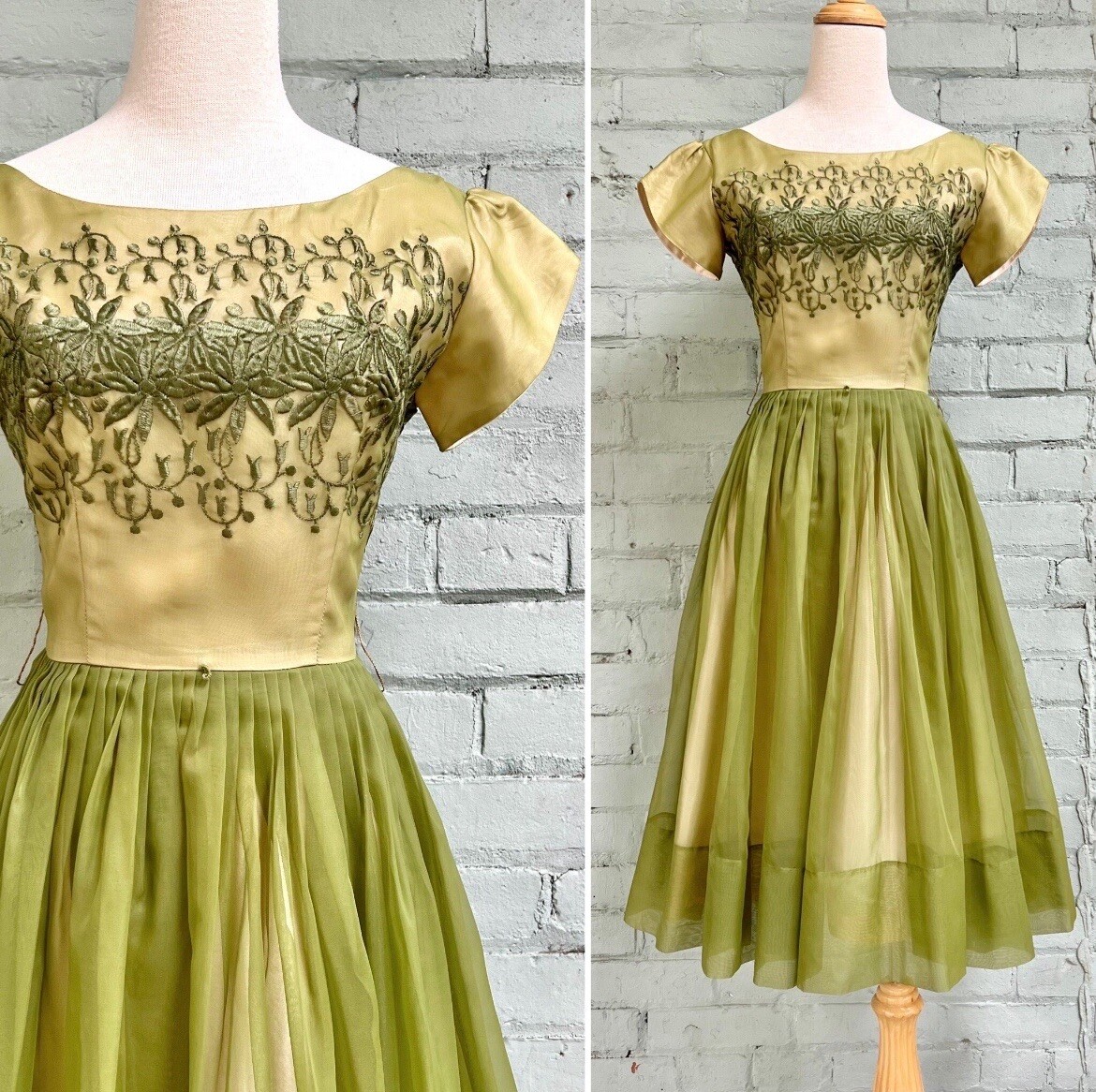 Vintage 1960s chartreuse organza fit and flare cocktail party dress / small