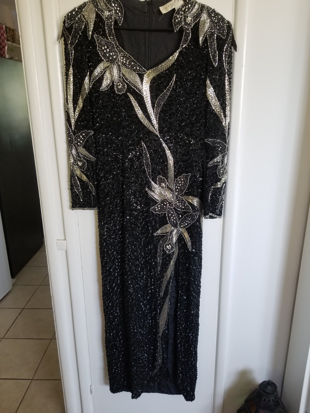 1970s long gown with beads, sequins and rhinestones