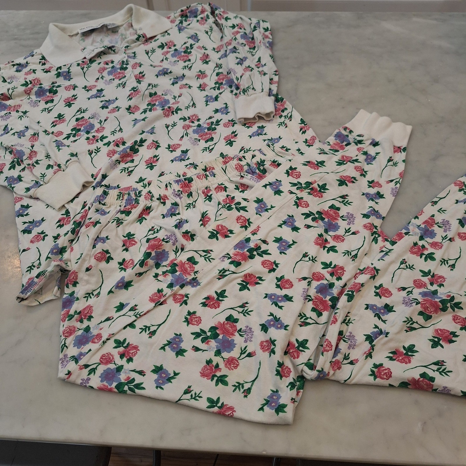 Vintage 90s The Eagle’s Eye Pajama Set Womens Med Ivory Floral Cotton Sleepwear