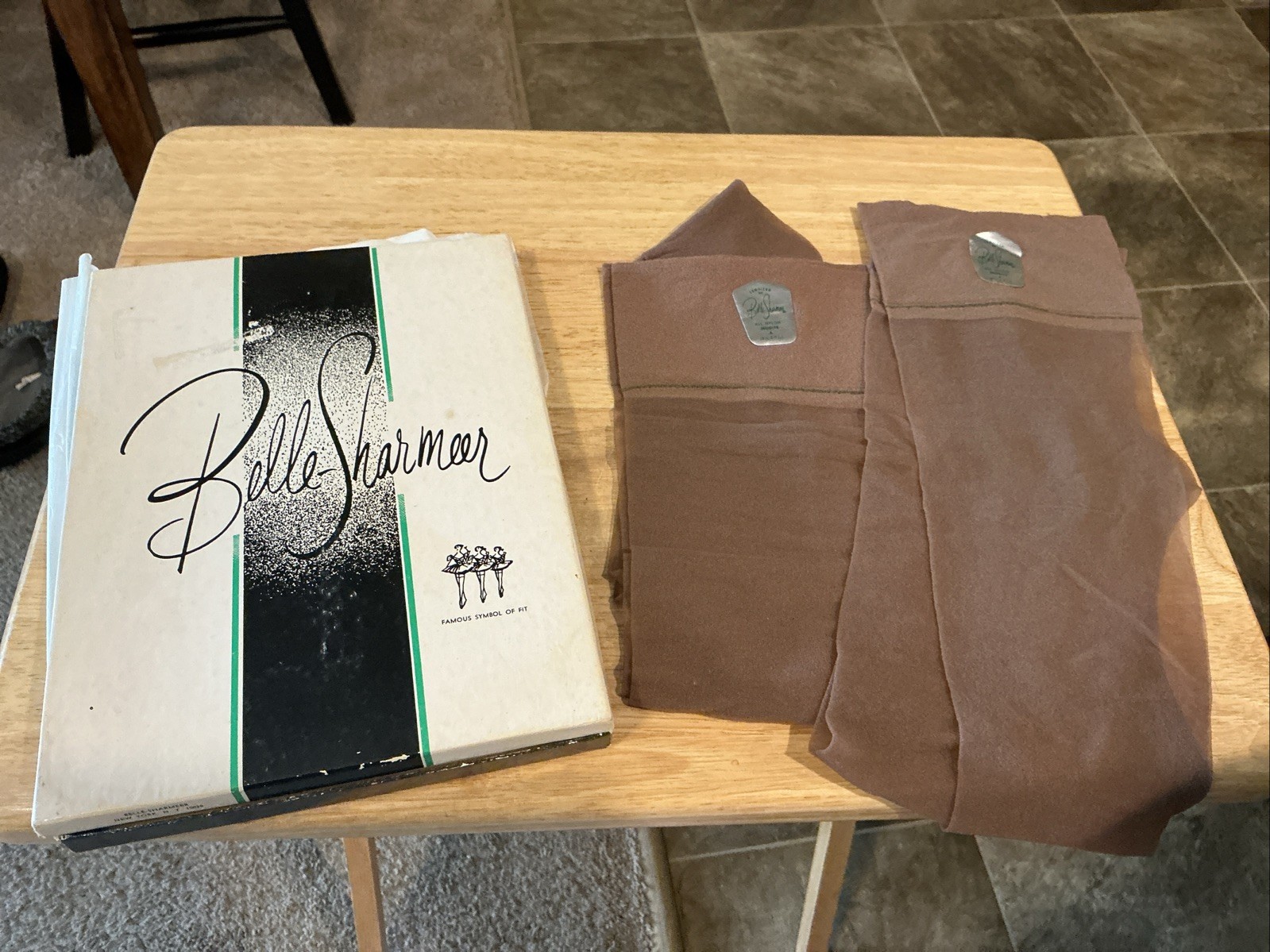 Vintage 2 Pairs Nylon Stockings BELLE SHARMEER w/Box 8.5-9.5 M Wood Hue NEW