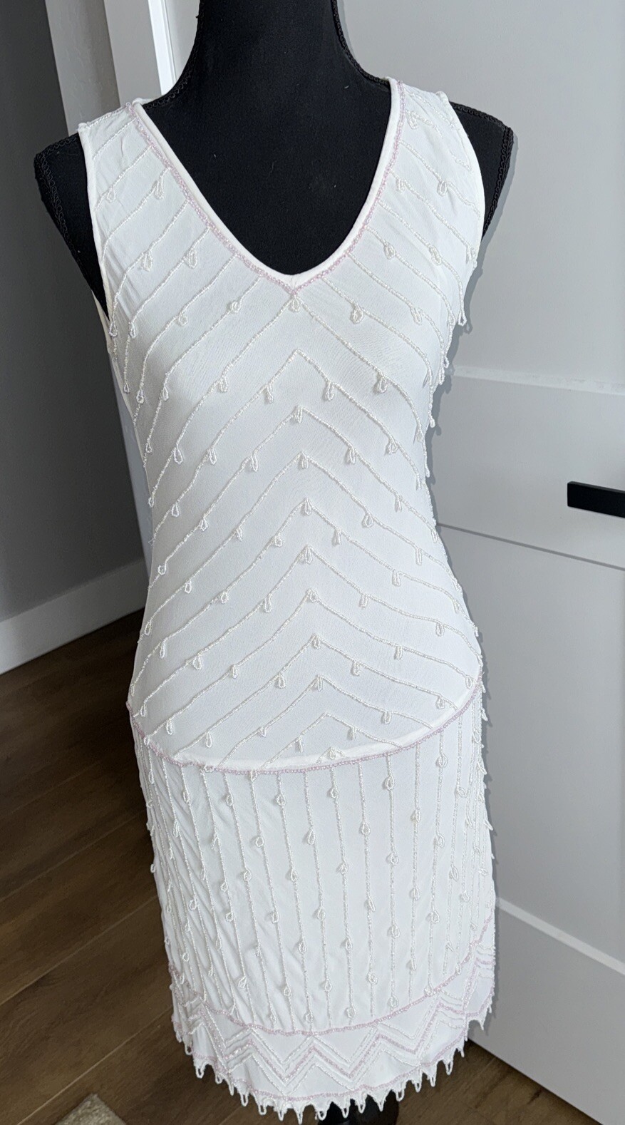 Vintage White Papillon Dress Beaded Fairycore Pink Flapper Rayon Wedding Y2K Sm