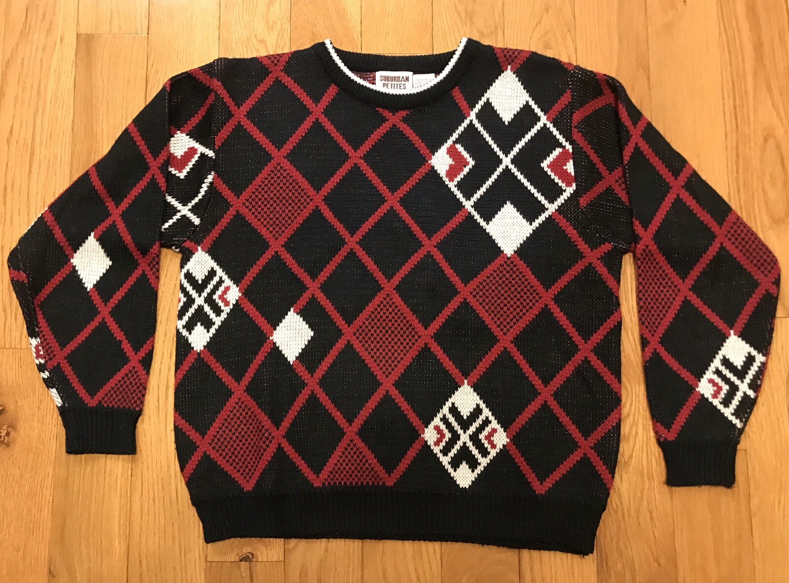 Vintage Suburban Petites Crewneck Sweater Red Black Geometric Pattern Large