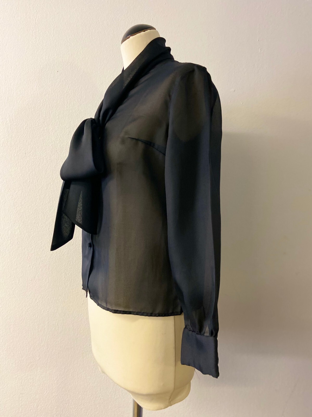 Chic Women’s Vintage Blouse | Sheer Black Bow Tie | bracelet Sleeve | Size M/L
