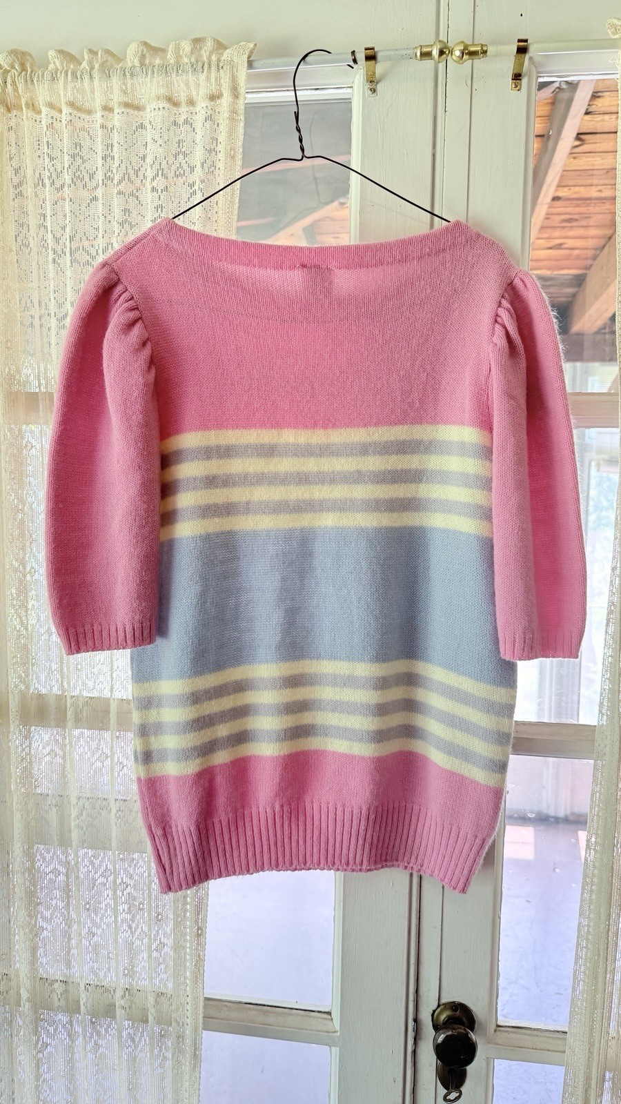 Vintage 80s Garan Pastel Striped Knit Sweater Top Pink Blue Yellow Puff Sleeve L