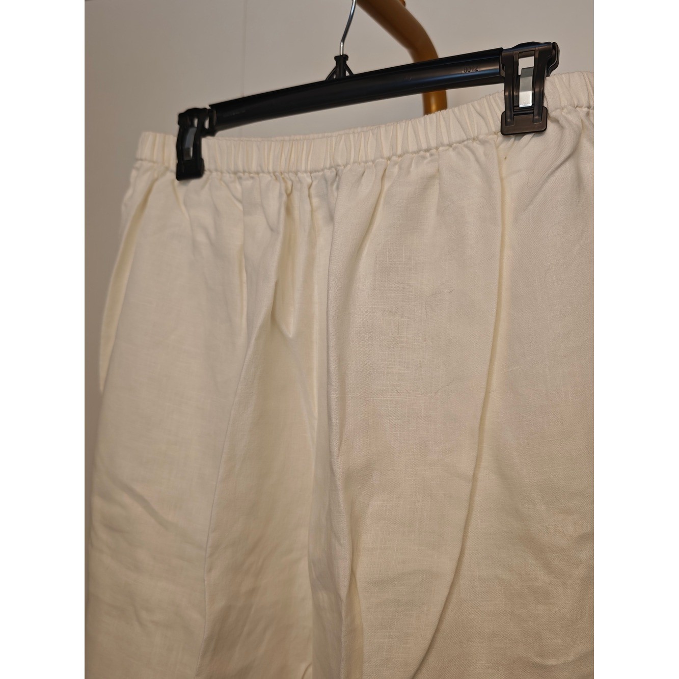 Vintage DKNY Cream Wide Leg 100% Linen Pants Pink Trim XL Elastic Waist Trousers