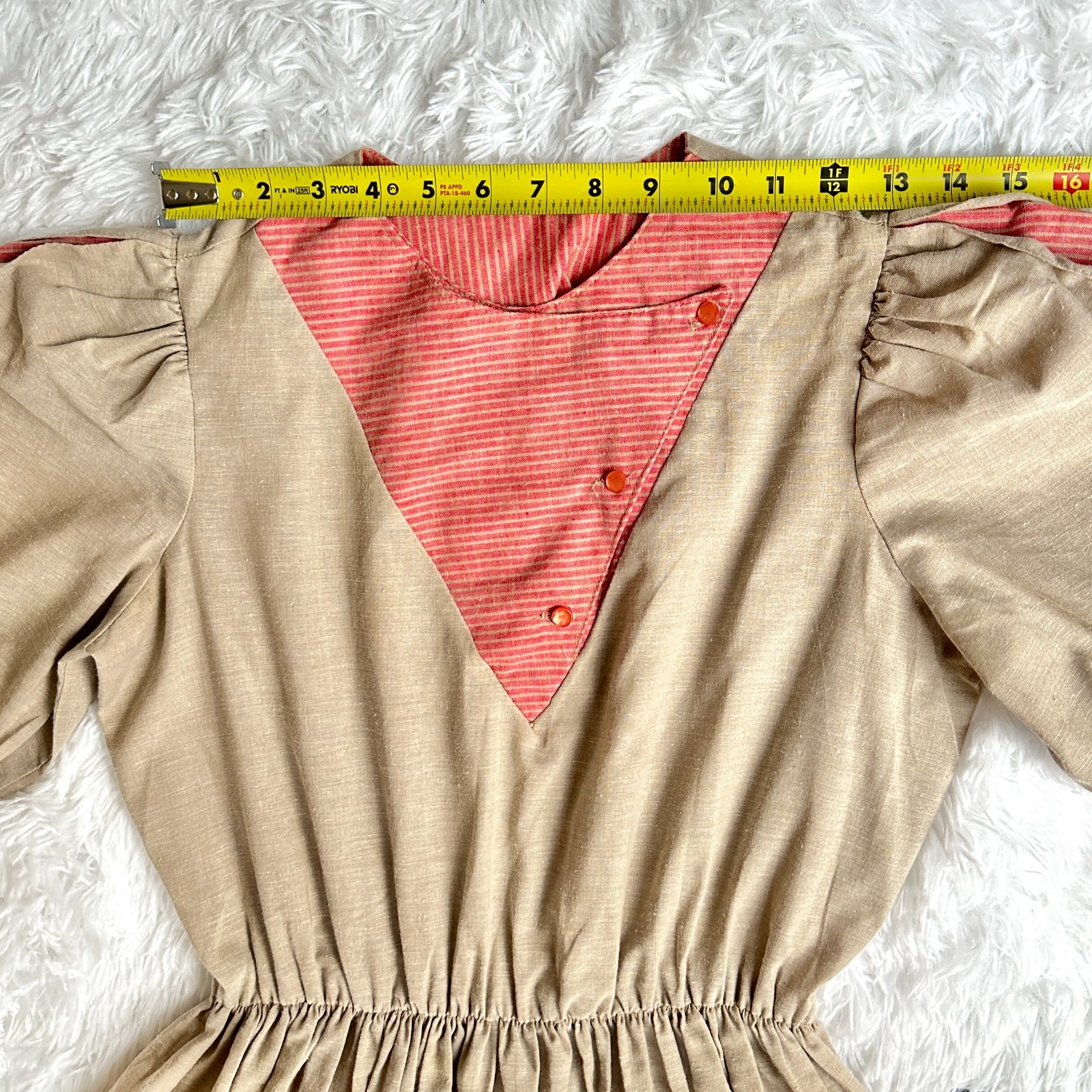 Vintage Impromptu Prairie Cottagecore Peasant Dress Brown Pink Puff Sleeve Women