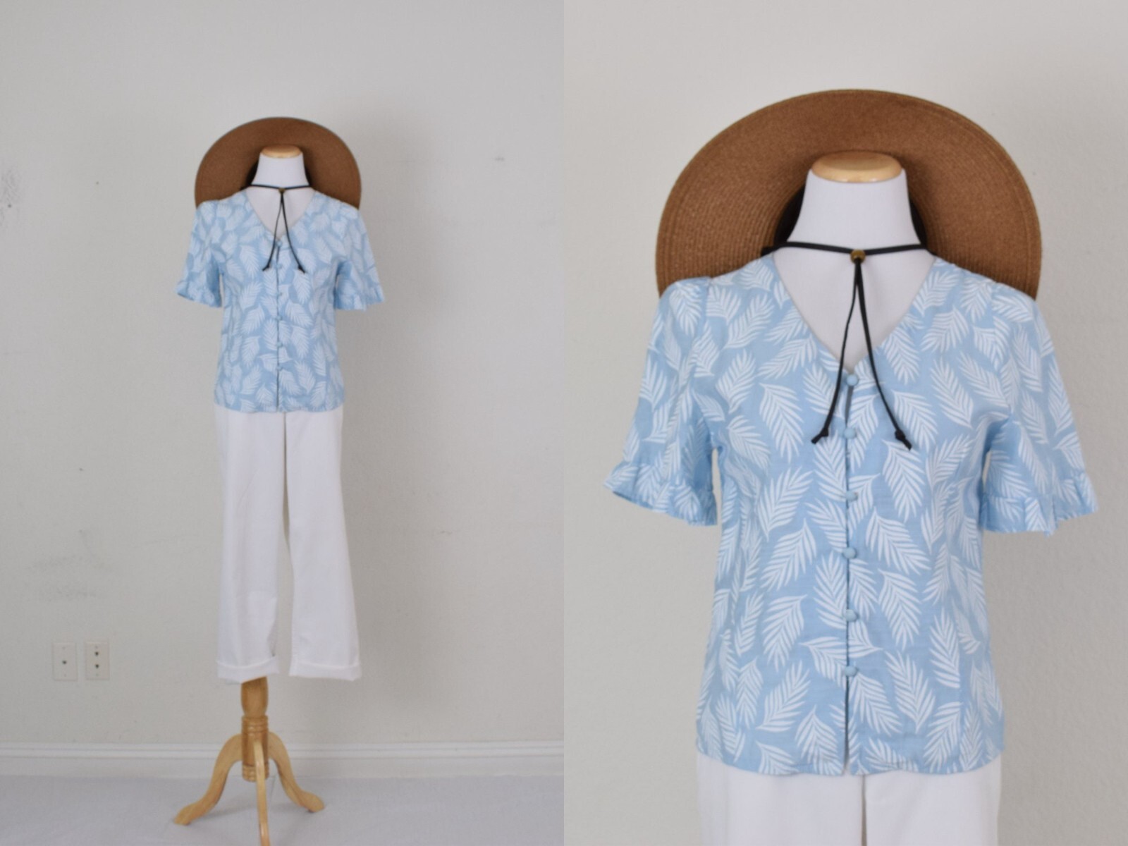 Vintage 90s Blue/White Palm Leaves Fitted Button Blouse