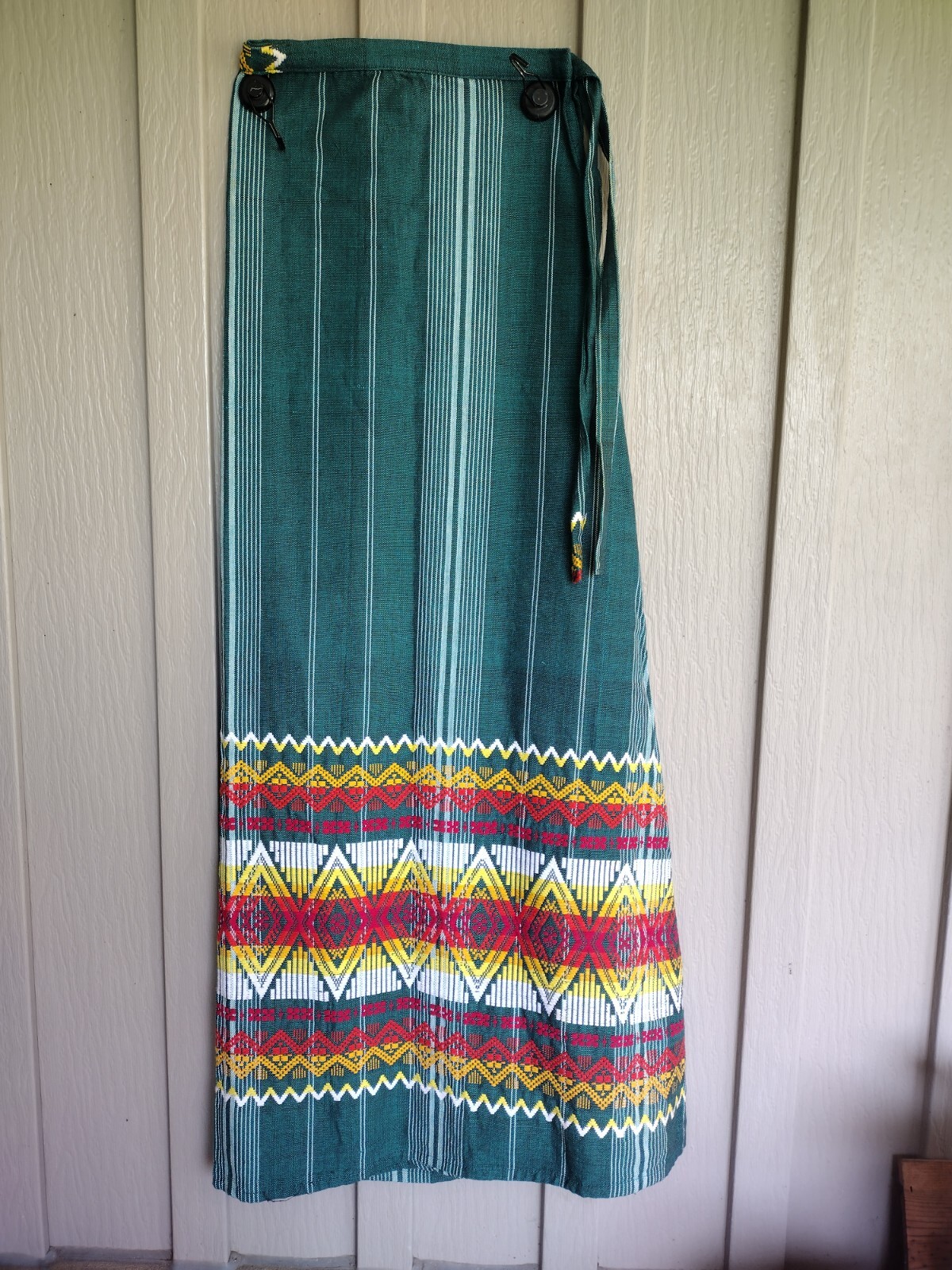 Vtg 70s Cotton Aztec Print Green Yellow Red White Boho Maxi Wrap Skirt M L XL