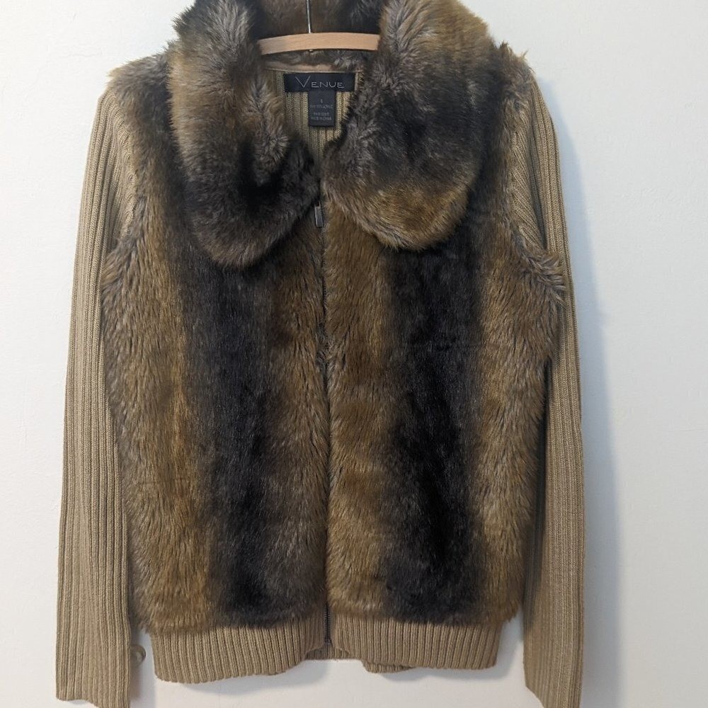 Vintage Faux Fur Jacket Knit Sweater Scarface 70s 80s Glam Mob Wife Disco