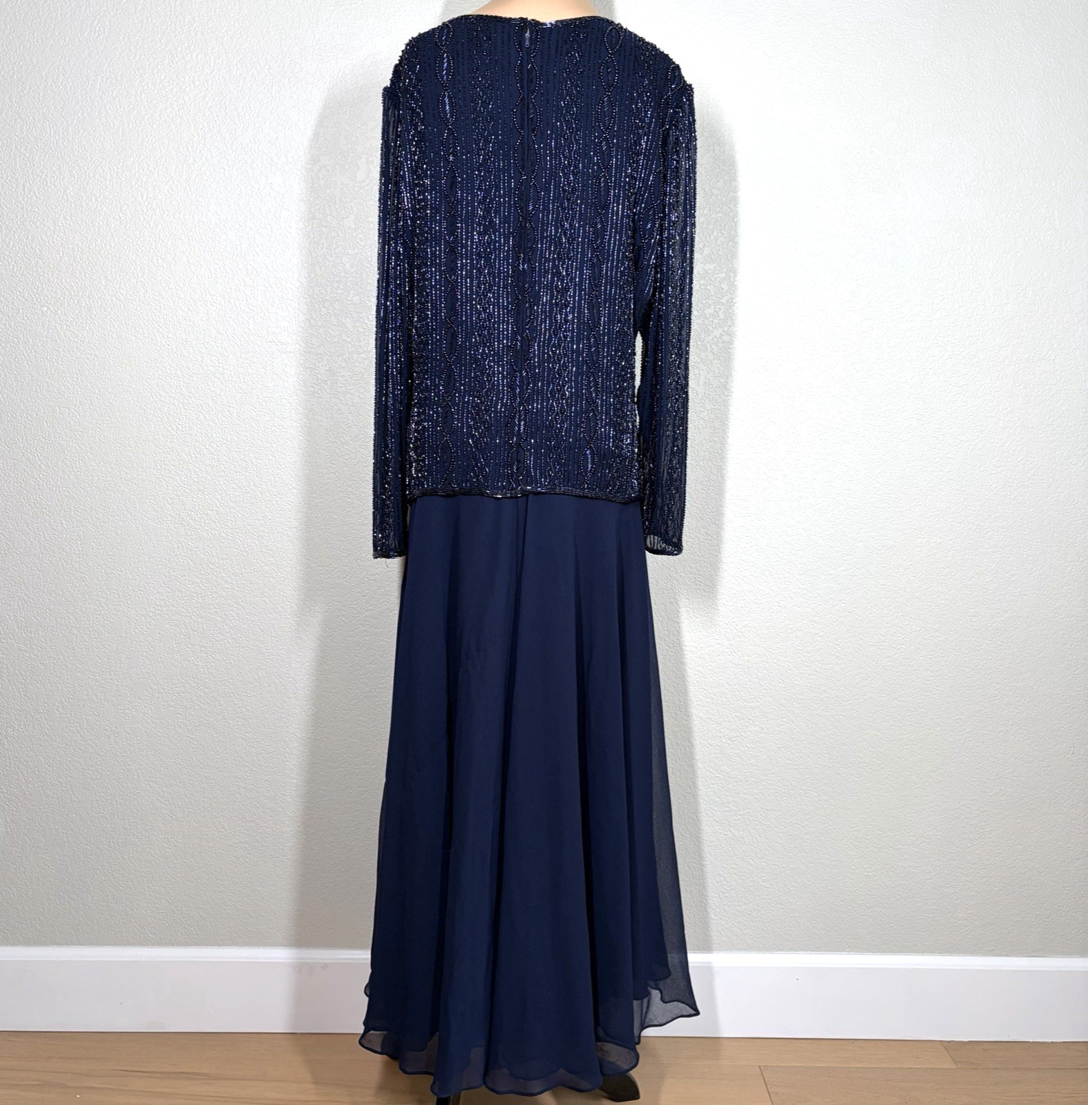 Vintage Brilliante by J.A. Navy Blue Beaded Gown Long Sleeve India MOB Large