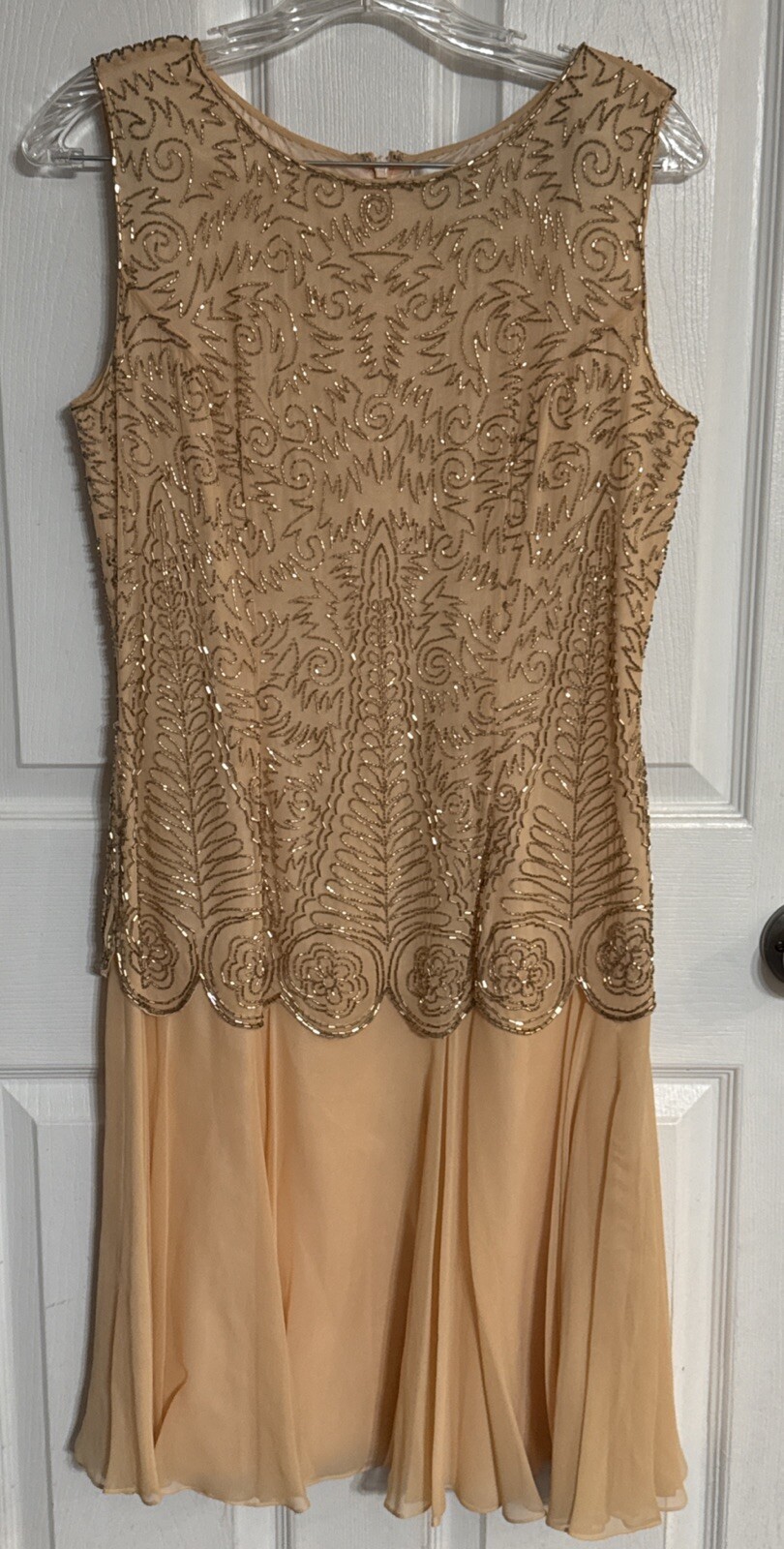 OLEG CASSINI Vintage BlackTie Silk Sleeveless Dress, Sz 8, Peach Gold Rhinestone