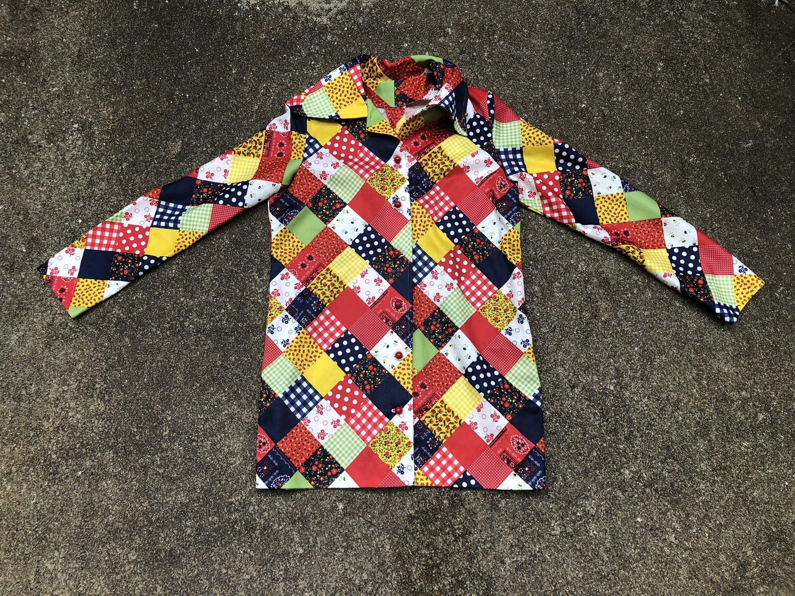 Vtg 60’s/70’s Multicolor Patchwork Polyester Blend Long Sleeve Blouse~S/M