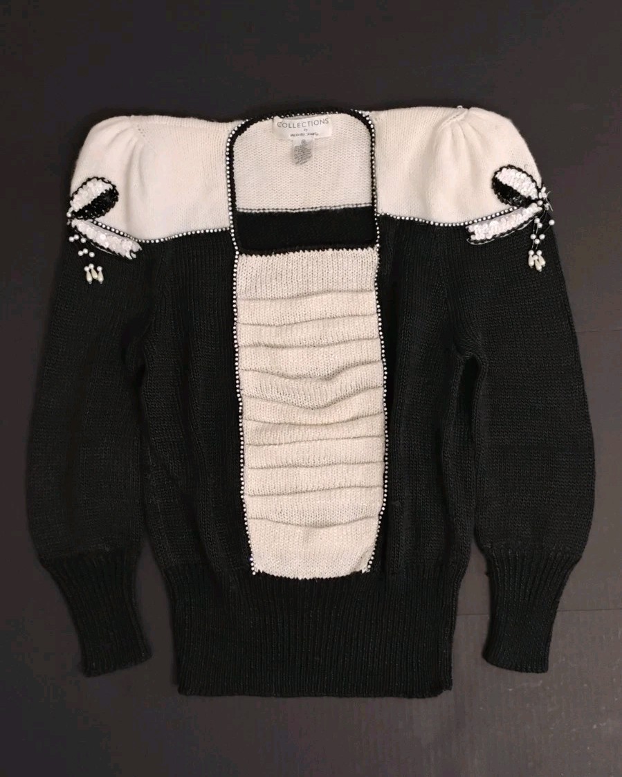 Collections By Michelle Stuart Vintage Blouse Wool Angora Bling Sz M Black/Ivory