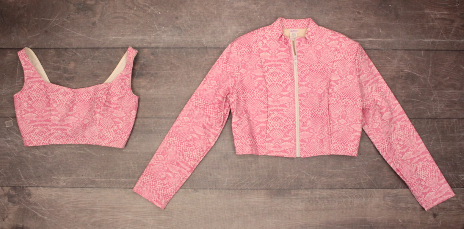 VTG Women’s 90s Pink 2 Pc Faux Snake Frederick’s Of Hollywood Jacket & Top Sz L