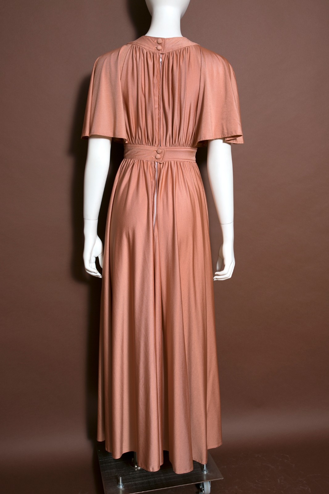 Gorgeous Vintage 70s Nude Cocoa Blush Draped Maxi Dress with Full Skirt
