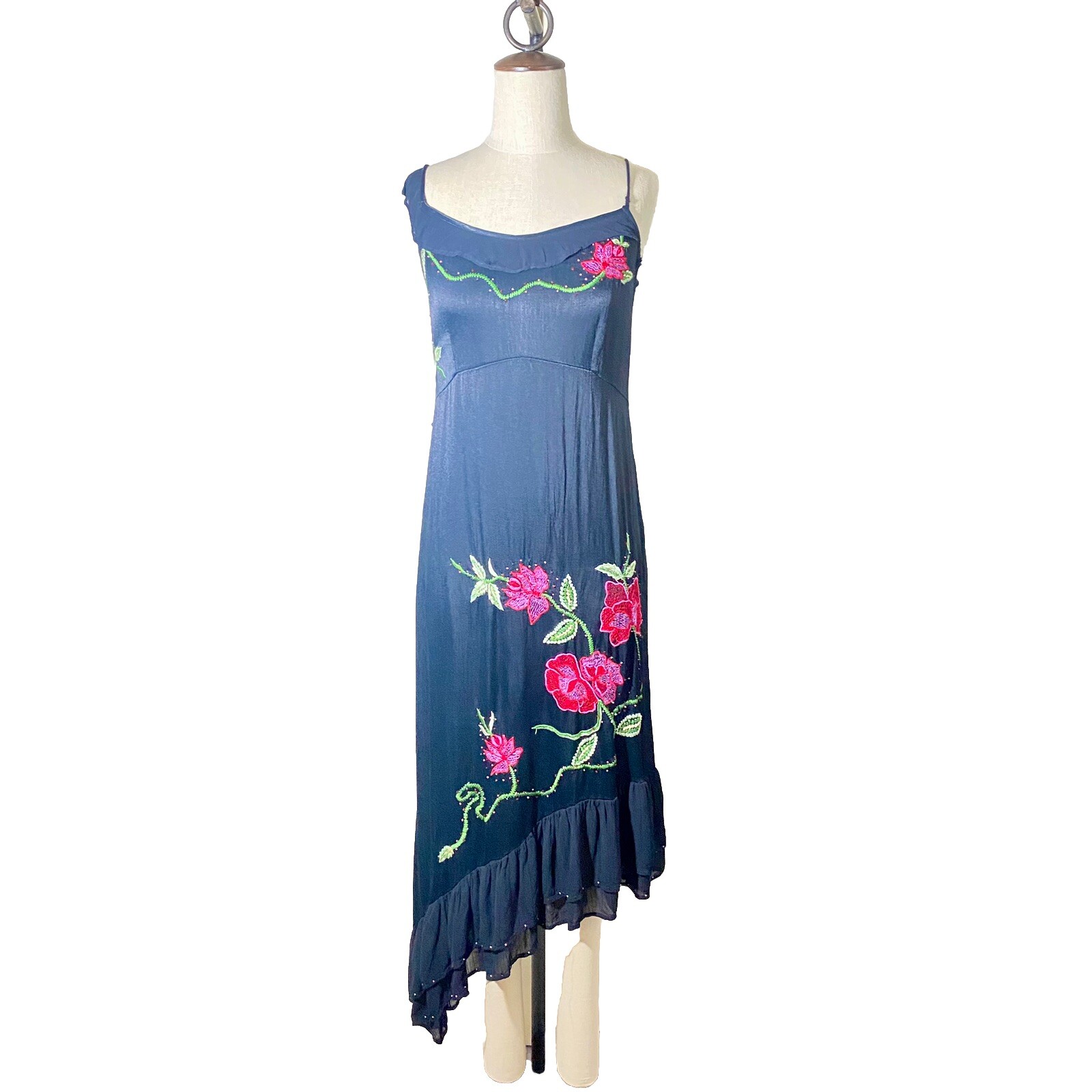 Vtg 90’s Papillon Embroidered Satin Asymmetrical Hemline Midi Med