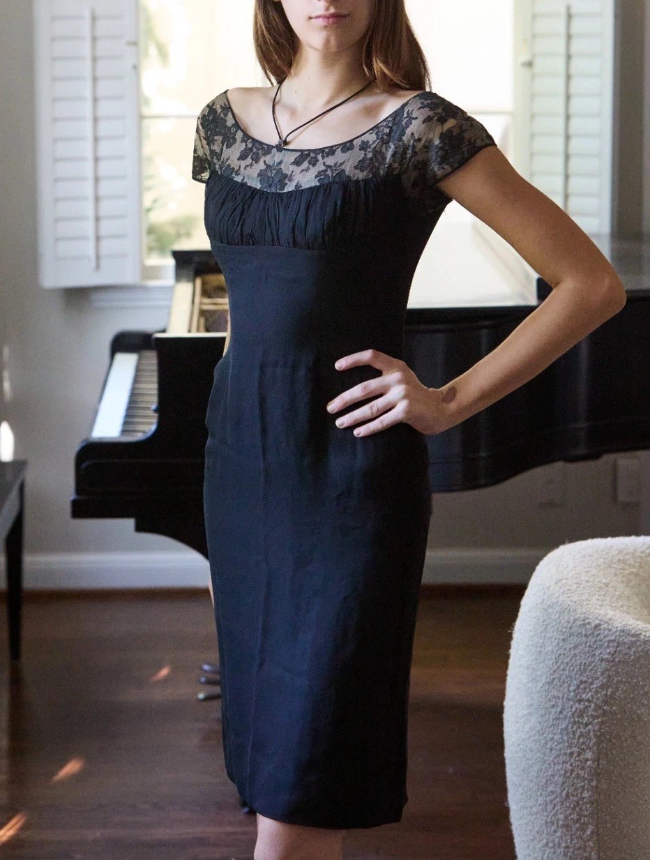 Vintage 50s XS 100% Silk Chiffon Dress Chantilly lace top Black