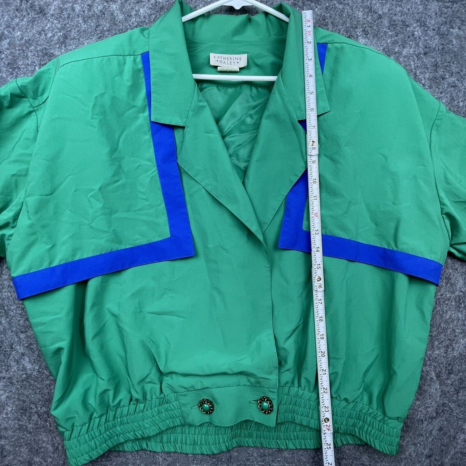 Vintage Katherine Haley Blouse Womens 13/14 Green Blue Jacket Retro Banded Waist