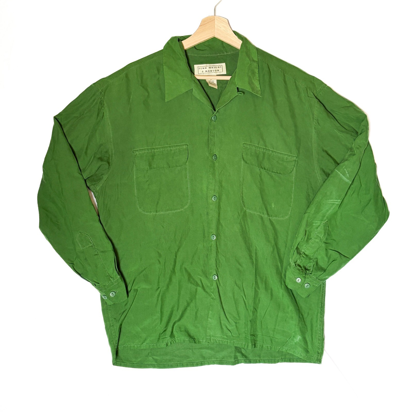 Vintage 80s Bold Green Brushed Silk Button Down Fenn Wright & Manson