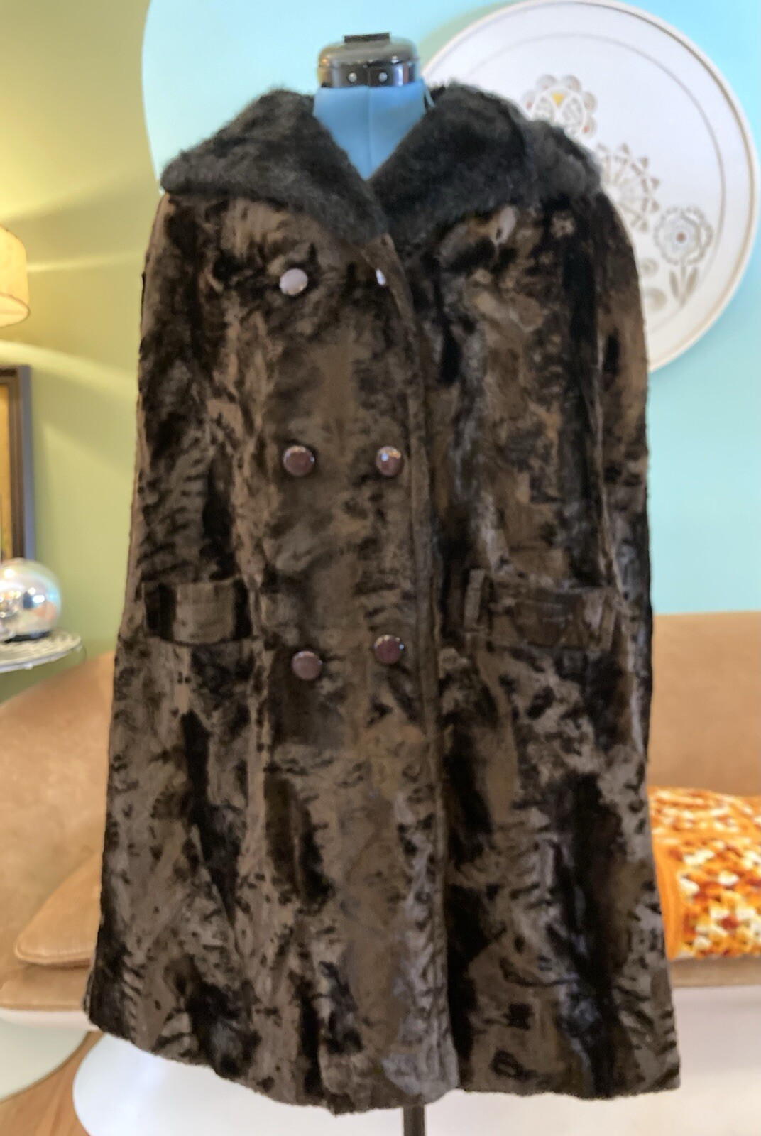 Vintage Mar-Del by Rice Brown Collared Faux Fur Cape Coat 1960’s Poncho MCM