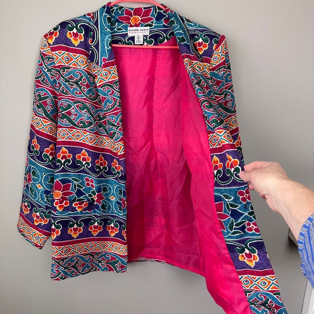 Vintage Carol Horn Women Medium Blazer Silk Floral Print Jacket 80s Arty