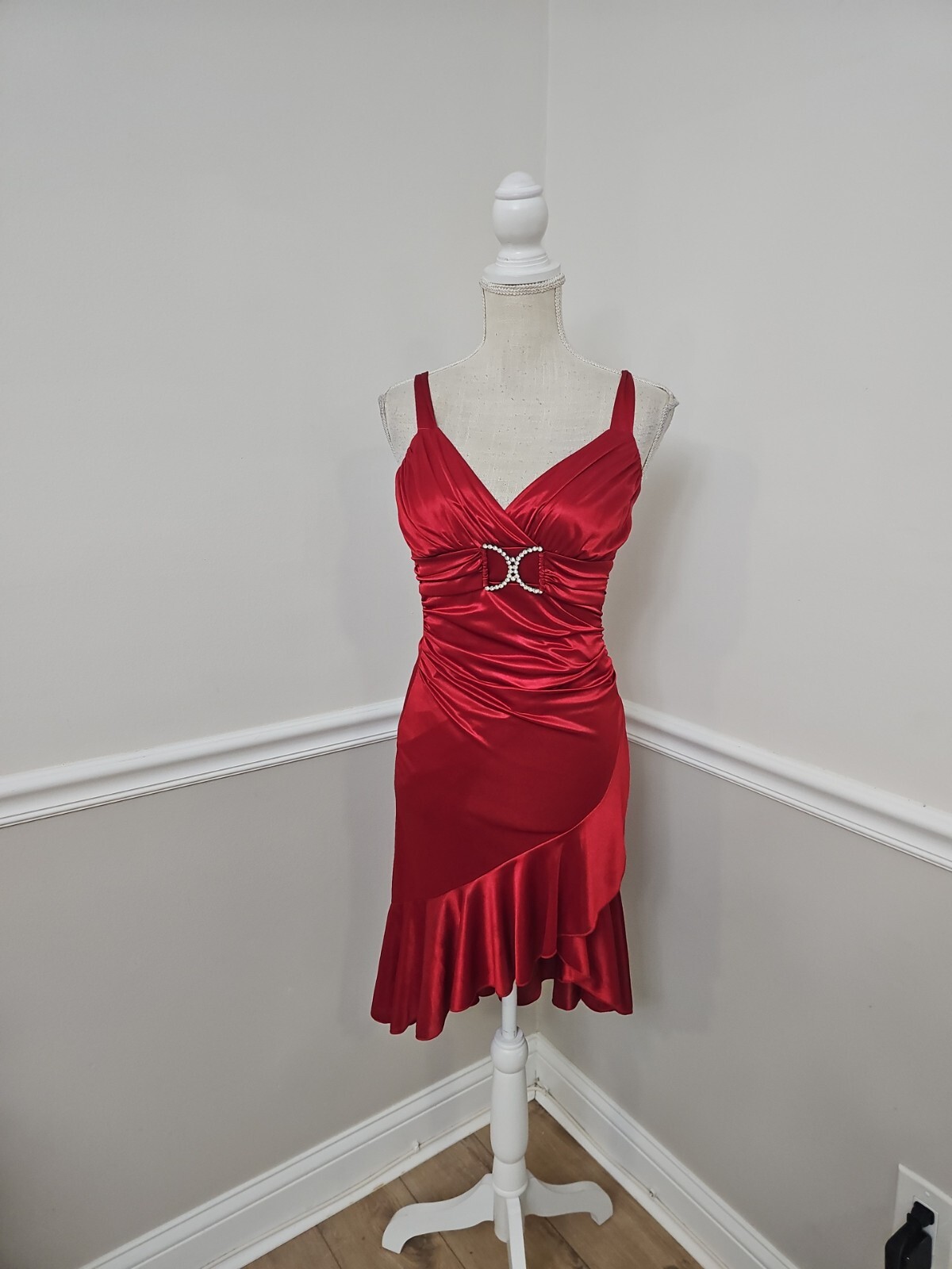 Y2K Taboo Asymmetrical Hem Midi Dress VTG 2000s Red /Slinky/Rhinestones Buckle