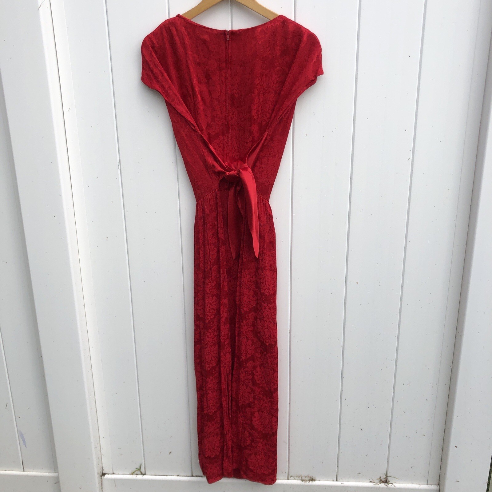 Vintage K.C. Spencer Short Sleeve Dress Red Maxi Floral Tie Gown Christmas 8